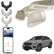 Mangoal rearview mirror built-in dash cam with smartphone app control, 4K Ultra HD recording, GPS tracking, and Mercedes-Benz GLE models in the background.