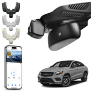 Mangoal rearview mirror built-in dash cam with smartphone app control, 4K Ultra HD recording, GPS tracking, and Mercedes-Benz GLE models in the background.