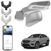 Mangoal rearview mirror built-in dash cam with smartphone app control, 4K Ultra HD recording, GPS tracking, and Mercedes-Benz GLE models in the background.