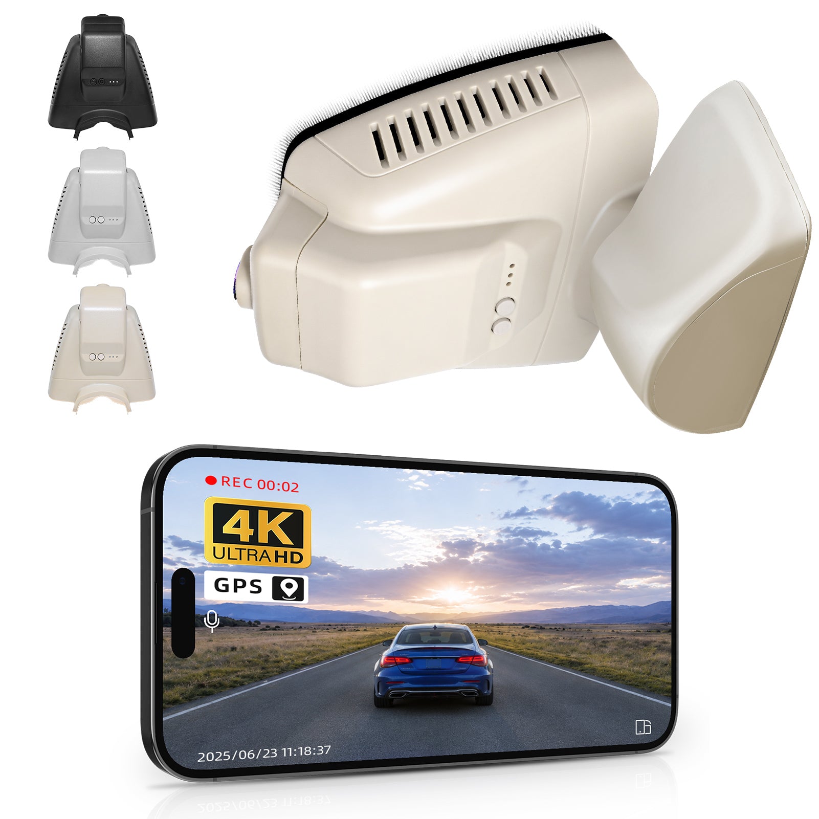 Mangoal rearview mirror built-in dash cam with smartphone app control, 4K Ultra HD recording, GPS tracking, and Mercedes-Benz GLK models in the background.