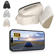 Mangoal rearview mirror built-in dash cam with smartphone app control, 4K Ultra HD recording, GPS tracking, and Mercedes-Benz GLK models in the background.