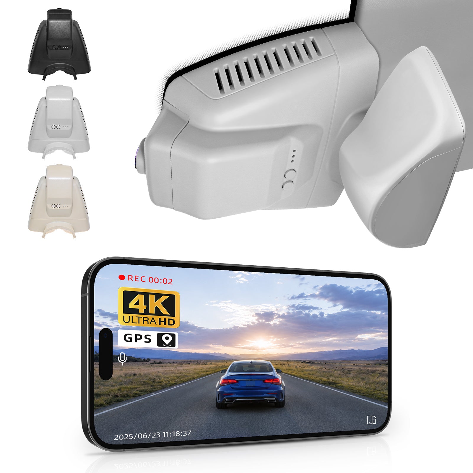 Mangoal rearview mirror built-in dash cam with smartphone app control, 4K Ultra HD recording, GPS tracking, and Mercedes-Benz GLK models in the background.