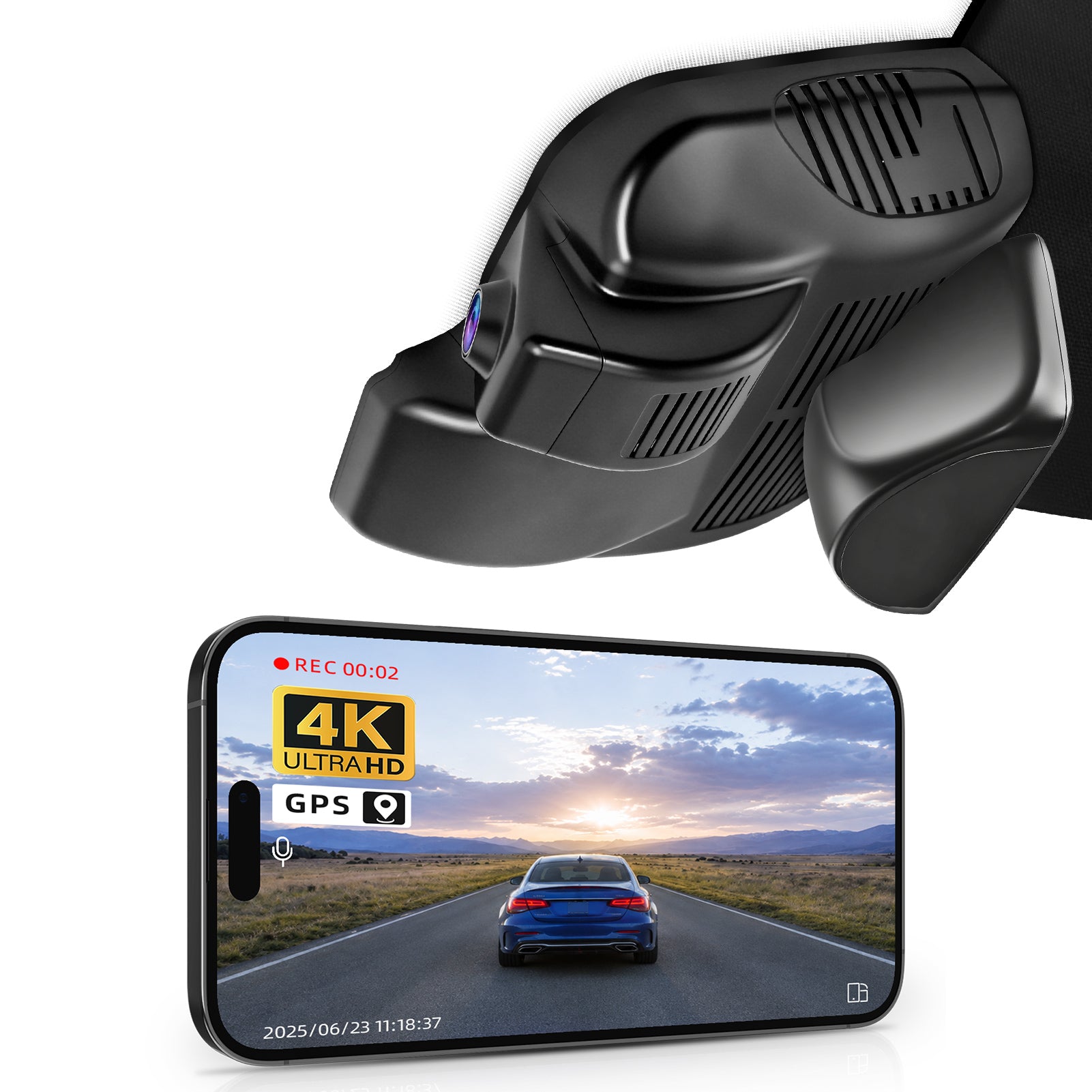Mangoal rearview mirror built-in dash cam with smartphone app control, 4K Ultra HD recording, GPS tracking and Mercedes-Benz GLC Gen2 models in the background.