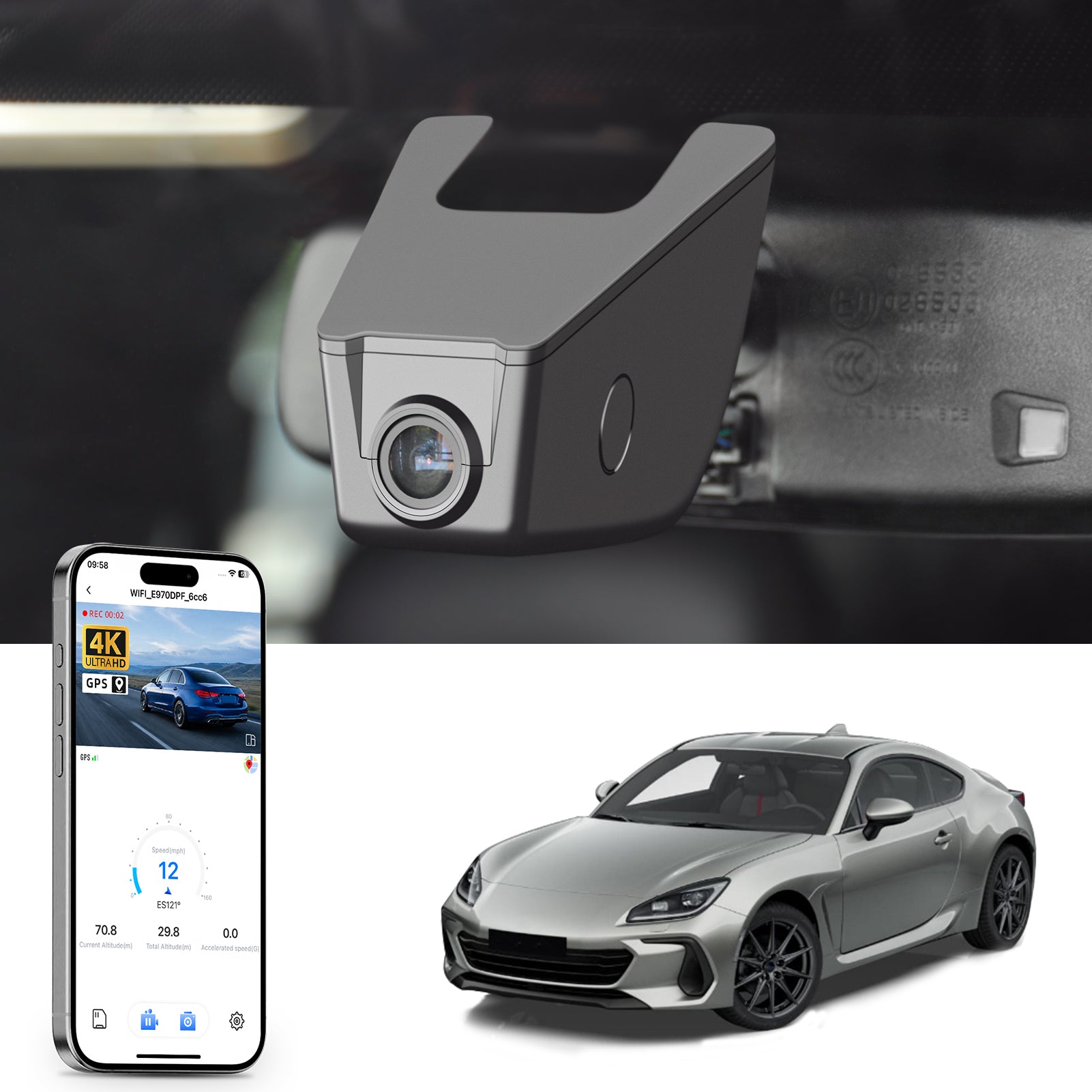 Mangoal rearview mirror built-in dash cam with smartphone app control, 4K Ultra HD recording, GPS tracking, and Subaru BRZ models in the background.