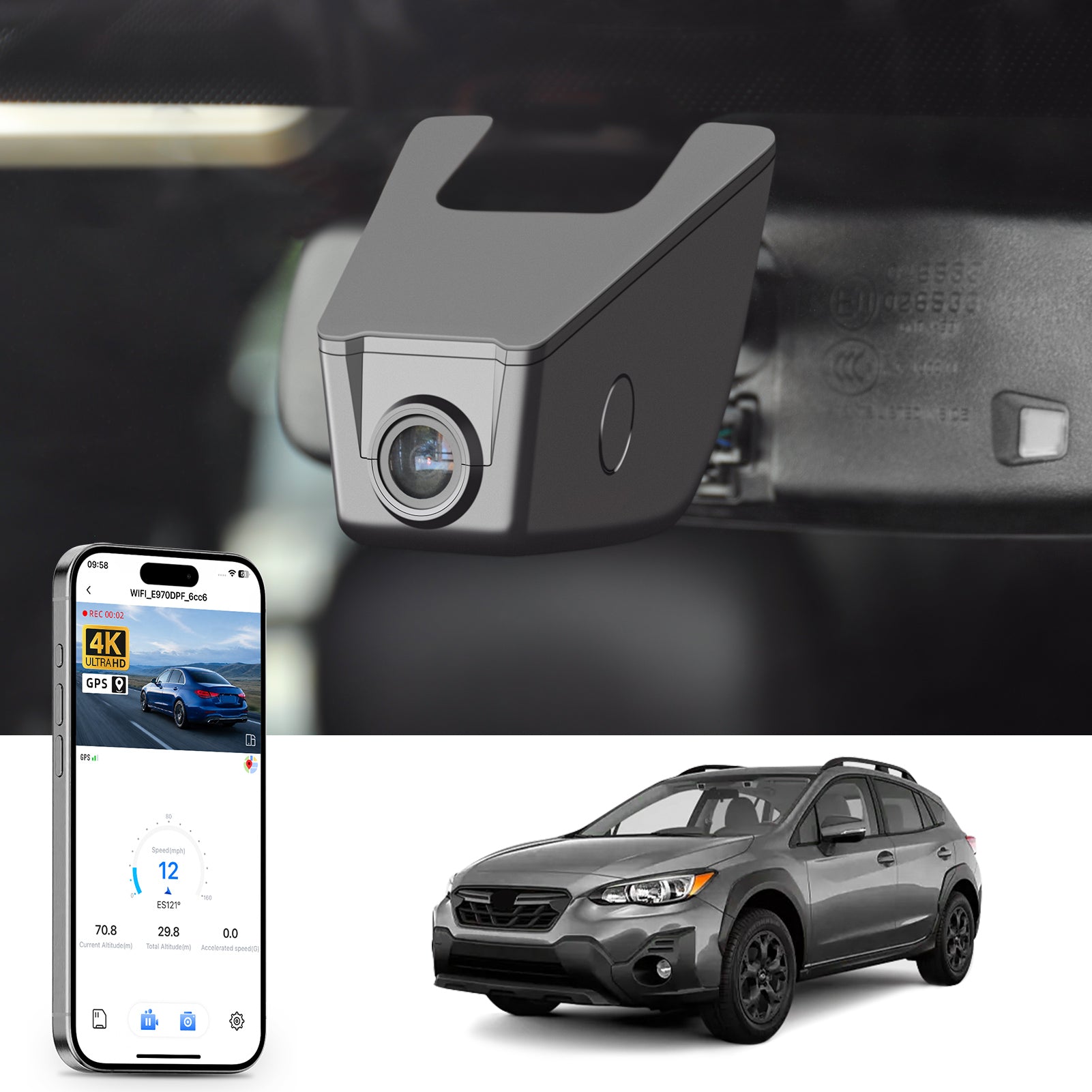 Mangoal rearview mirror built-in dash cam with smartphone app control, 4K Ultra HD recording, GPS tracking, and Subaru Crosstrek models in the background.