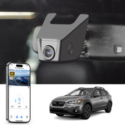 Mangoal rearview mirror built-in dash cam with smartphone app control, 4K Ultra HD recording, GPS tracking, and Subaru Crosstrek models in the background.