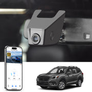 Mangoal rearview mirror built-in dash cam with smartphone app control, 4K Ultra HD recording, GPS tracking, and Subaru Forester models in the background.