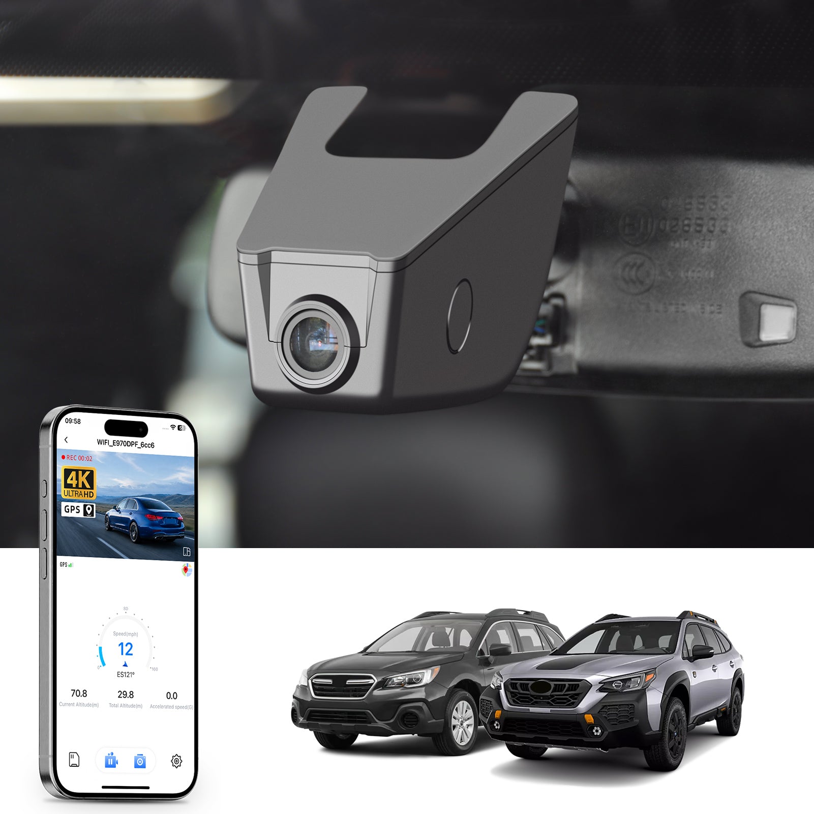 Mangoal rearview mirror built-in dash cam with smartphone app control, 4K Ultra HD recording, GPS tracking, and Subaru Outback models in the background.