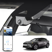 Mangoal rearview mirror built-in dash cam with smartphone app control, 4K Ultra HD recording, GPS tracking, and Subaru Solterra models in the background.