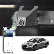 Mangoal rearview mirror built-in dash cam with smartphone app control, 4K Ultra HD recording, GPS tracking, and Subaru WRX models in the background.