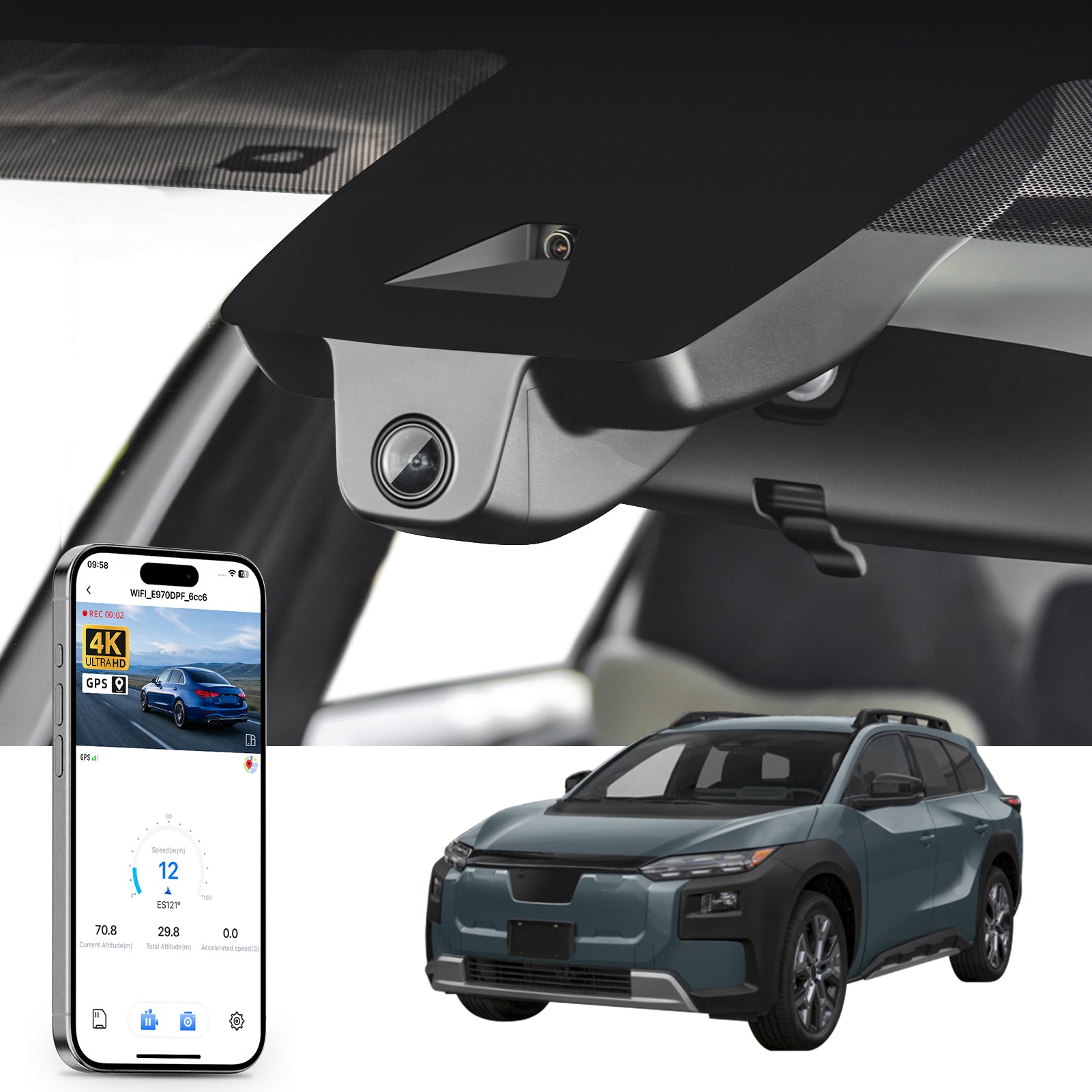Mangoal rearview mirror built-in dash cam with smartphone app control, 4K Ultra HD recording, GPS tracking and Subaru Trailseeker models in the background.