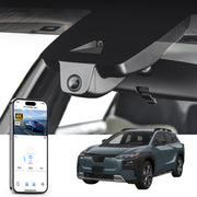 Mangoal rearview mirror built-in dash cam with smartphone app control, 4K Ultra HD recording, GPS tracking and Subaru Trailseeker models in the background.