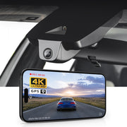 Mangoal rearview mirror built-in dash cam with smartphone app control, 4K Ultra HD recording, GPS tracking and Subaru Uncharted models in the background.