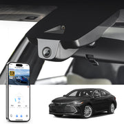 Mangoal rearview mirror built-in dash cam with smartphone app control, 4K Ultra HD recording, GPS tracking, and Toyota Avalon models in the background.