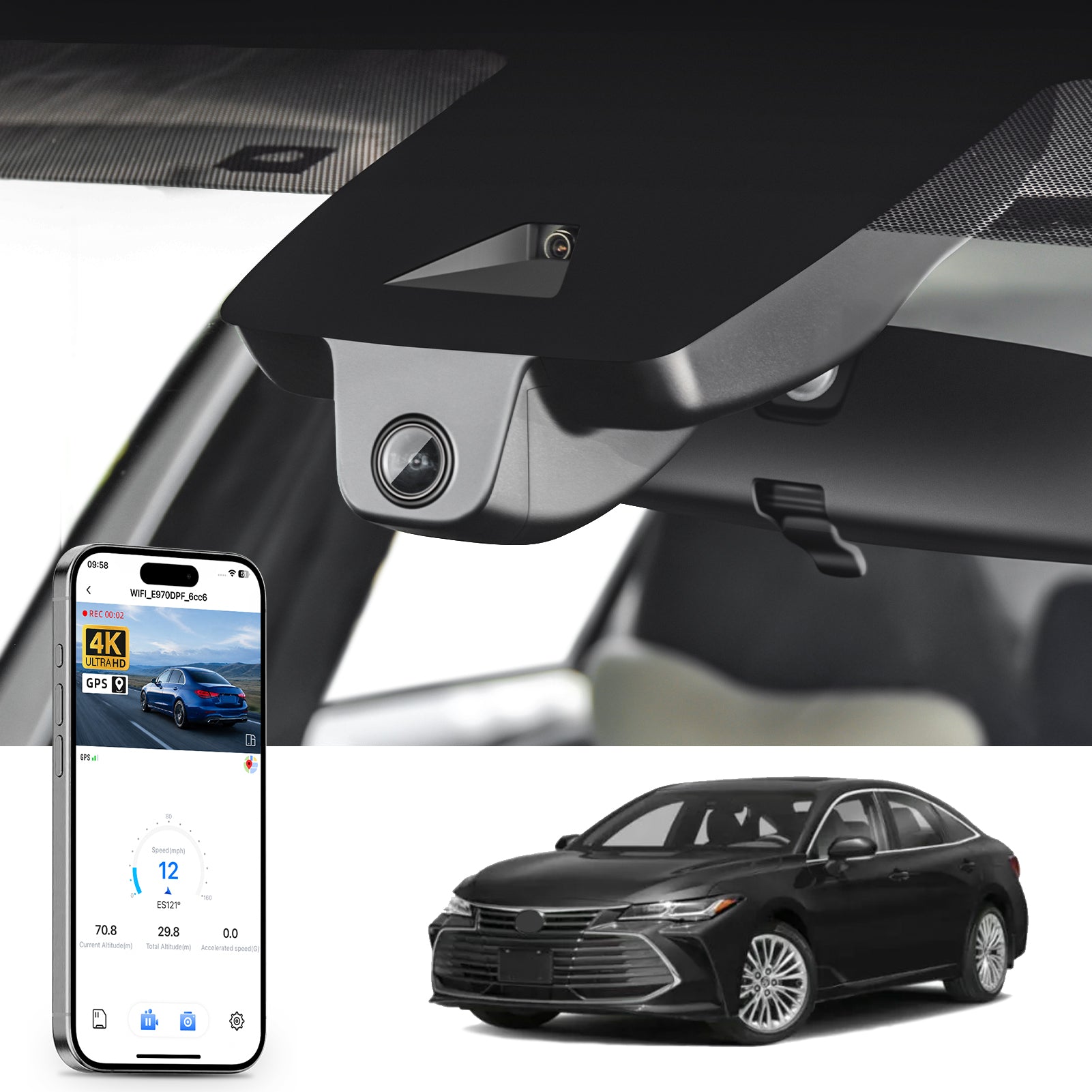 Mangoal rearview mirror built-in dash cam with smartphone app control, 4K Ultra HD recording, GPS tracking, and Toyota Avalon models in the background.