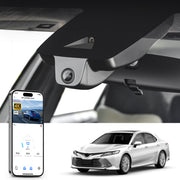 Mangoal rearview mirror built-in dash cam with smartphone app control, 4K Ultra HD recording, GPS tracking, and Toyota Camry models in the background.