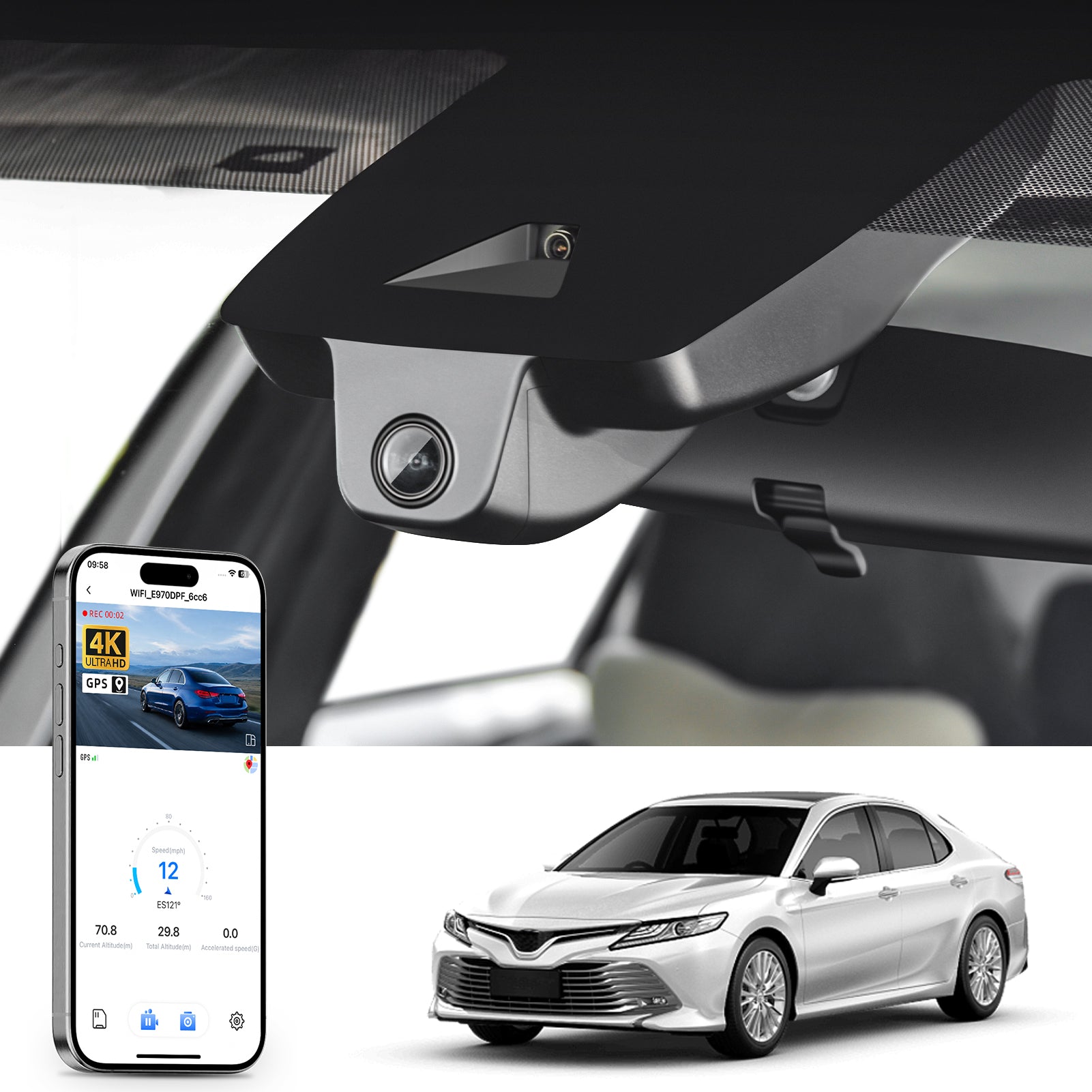 Mangoal rearview mirror built-in dash cam with smartphone app control, 4K Ultra HD recording, GPS tracking, and Toyota Camry models in the background.