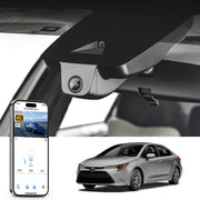 Mangoal rearview mirror built-in dash cam with smartphone app control, 4K Ultra HD recording, GPS tracking, and Toyota Corolla models in the background.