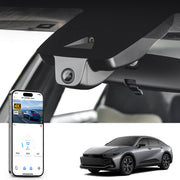 Mangoal rearview mirror built-in dash cam with smartphone app control, 4K Ultra HD recording, GPS tracking, and Toyota Crown models in the background.