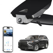 Mangoal rearview mirror built-in dash cam with smartphone app control, 4K Ultra HD recording, GPS tracking, and Toyota Grand Highlander models in the background.