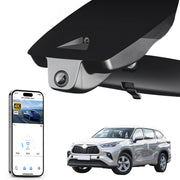 Mangoal rearview mirror built-in dash cam with smartphone app control, 4K Ultra HD recording, GPS tracking, and Toyota Highlander models in the background.