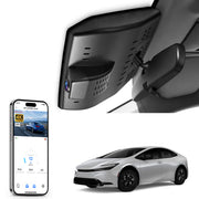 Mangoal rearview mirror built-in dash cam with smartphone app control, 4K Ultra HD recording, GPS tracking, and Toyota Prius models in the background.