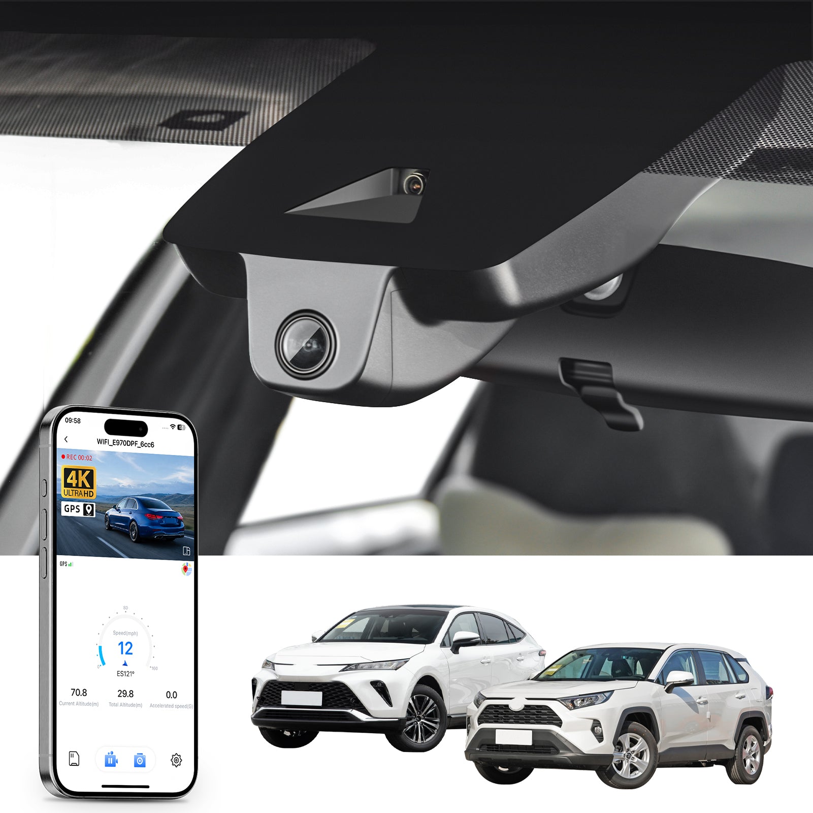 Mangoal rearview mirror built-in dash cam with smartphone app control, 4K Ultra HD recording, GPS tracking, and Toyota RAV4 models in the background.