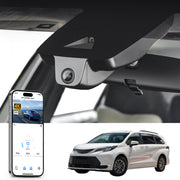 Mangoal rearview mirror built-in dash cam with smartphone app control, 4K Ultra HD recording, GPS tracking, and Toyota Sienna models in the background.