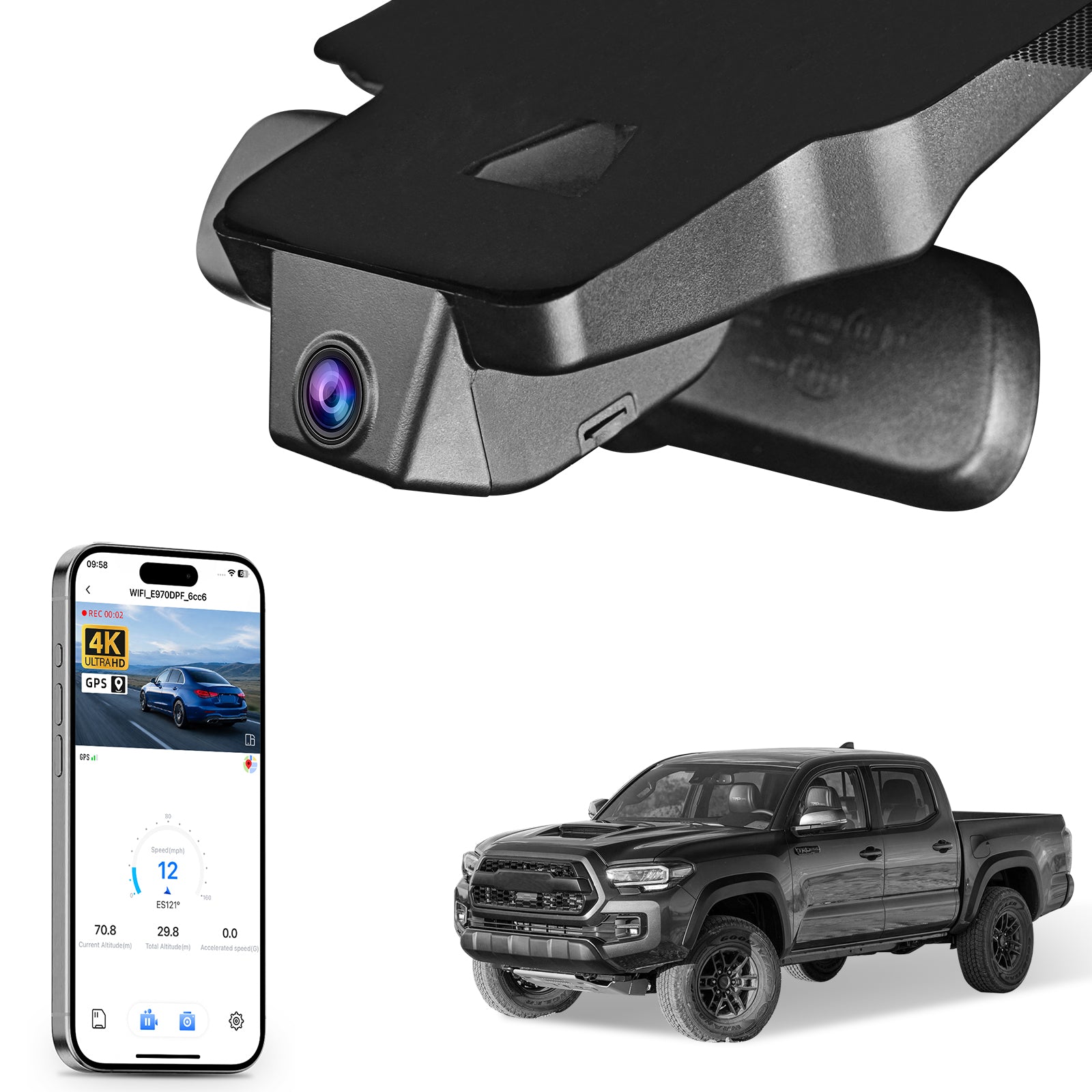 Mangoal rearview mirror built-in dash cam with smartphone app control, 4K Ultra HD recording, GPS tracking, and Toyota Tacoma models in the background.