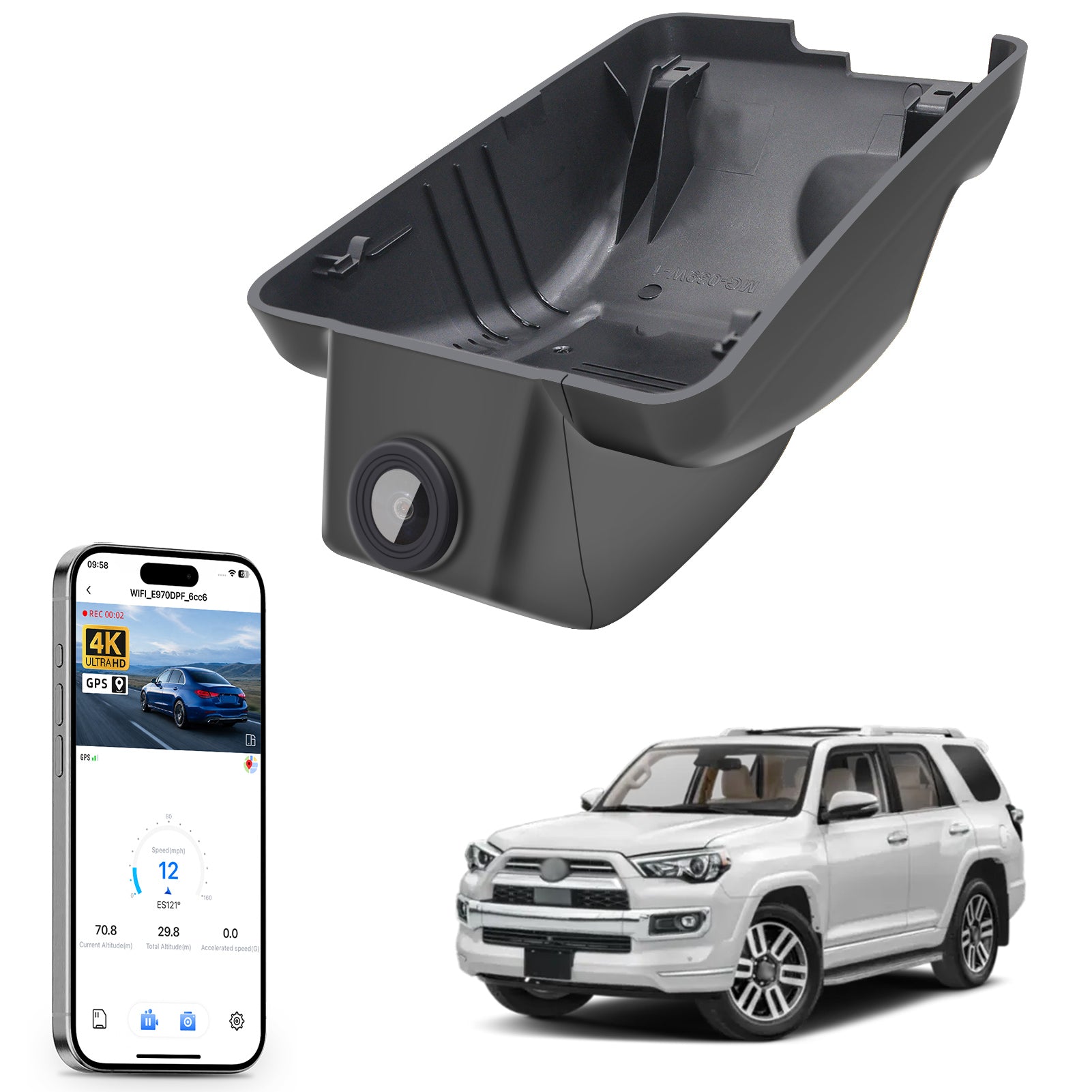 Mangoal rearview mirror built-in dash cam with smartphone app control, 4K Ultra HD recording, GPS tracking, and Toyota 4Runner models in the background.