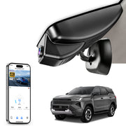 Mangoal 2 channel dash cam with STARVIS sensor, features smartphone app control, front 4K UHD and rear Full HD recording, GPS tracking, and   Toyota Hilux(pickup)& Fortuner(SUV) models in the background. 