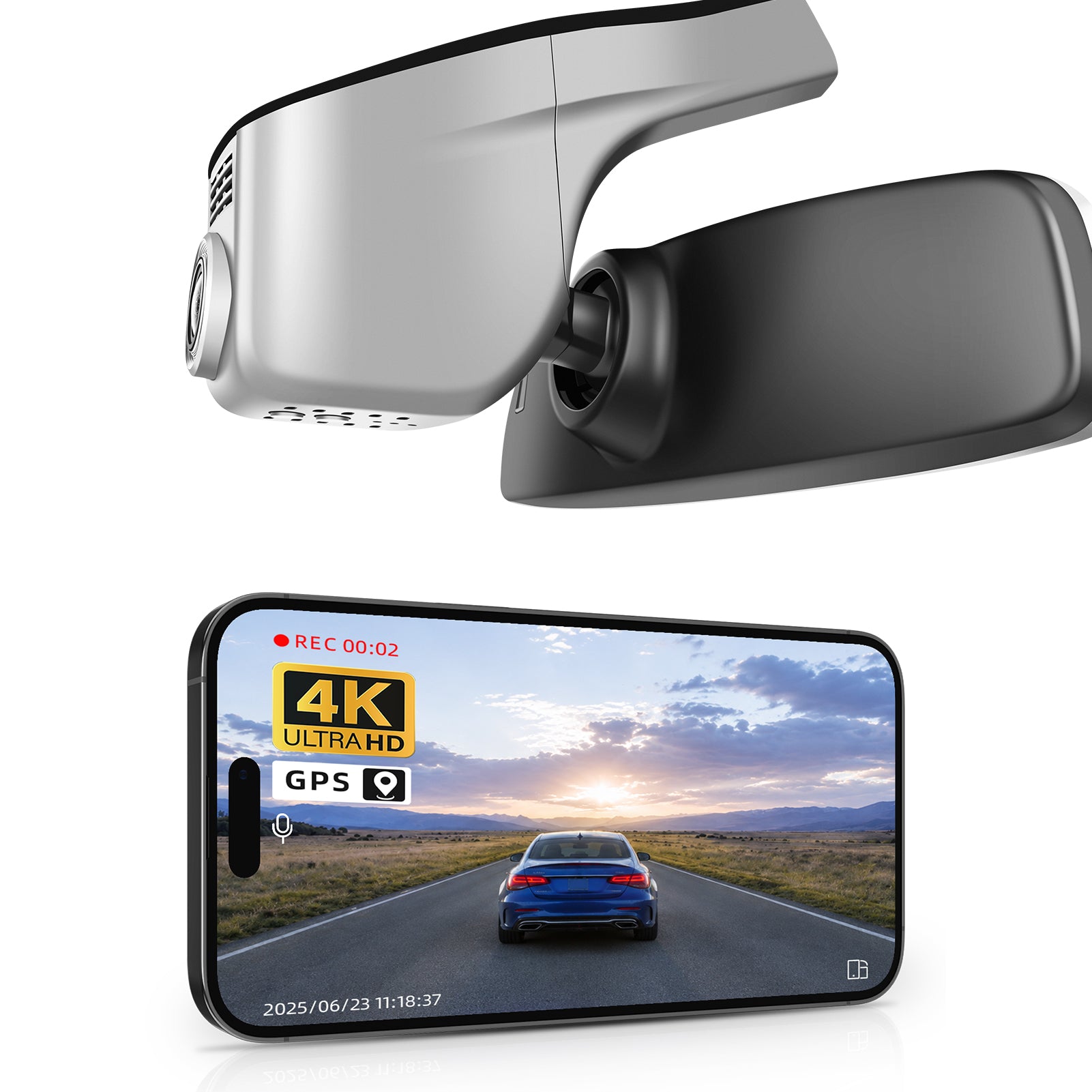Mangoal rearview mirror built-in dash cam with smartphone app control, 4K Ultra HD recording, GPS tracking, and Volkswagen Arteon models in the background.