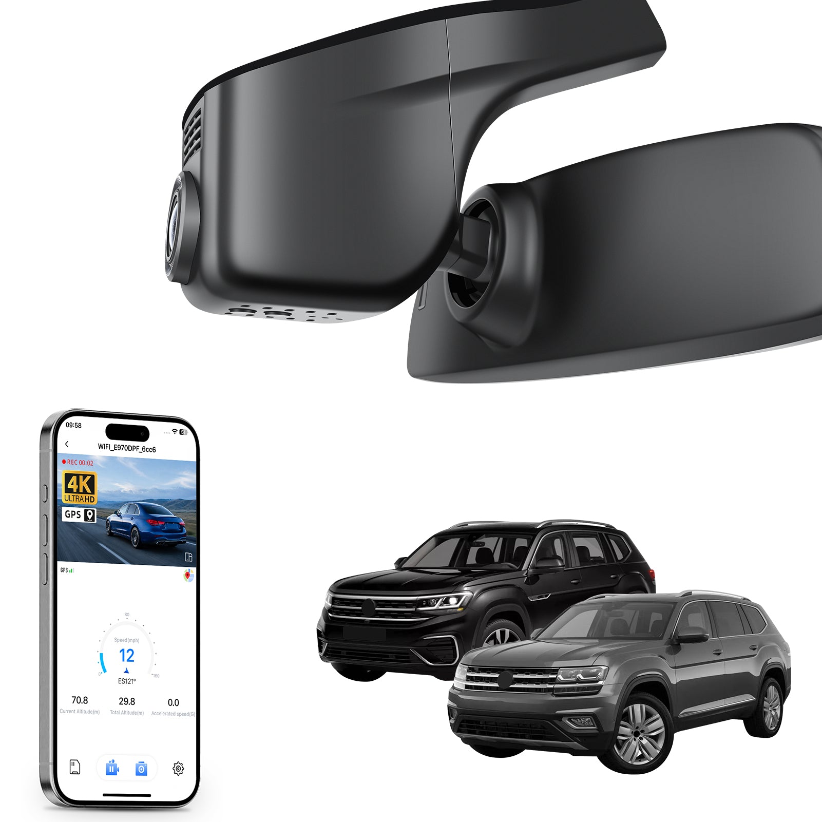 Mangoal rearview mirror built-in dash cam with smartphone app control, 4K Ultra HD recording, GPS tracking, and Volkswagen Atlas & Atlas Cross Sport models in the background.