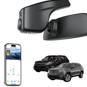 Mangoal rearview mirror built-in dash cam with smartphone app control, 4K Ultra HD recording, GPS tracking, and Volkswagen Atlas & Atlas Cross Sport models in the background.