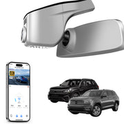 Mangoal rearview mirror built-in dash cam with smartphone app control, 4K Ultra HD recording, GPS tracking, and Volkswagen Atlas & Atlas Cross Sport models in the background.