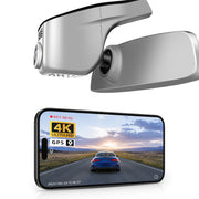 Mangoal rearview mirror built-in dash cam with smartphone app control, 4K Ultra HD recording, GPS tracking, and Volkswagen Golf models in the background.
