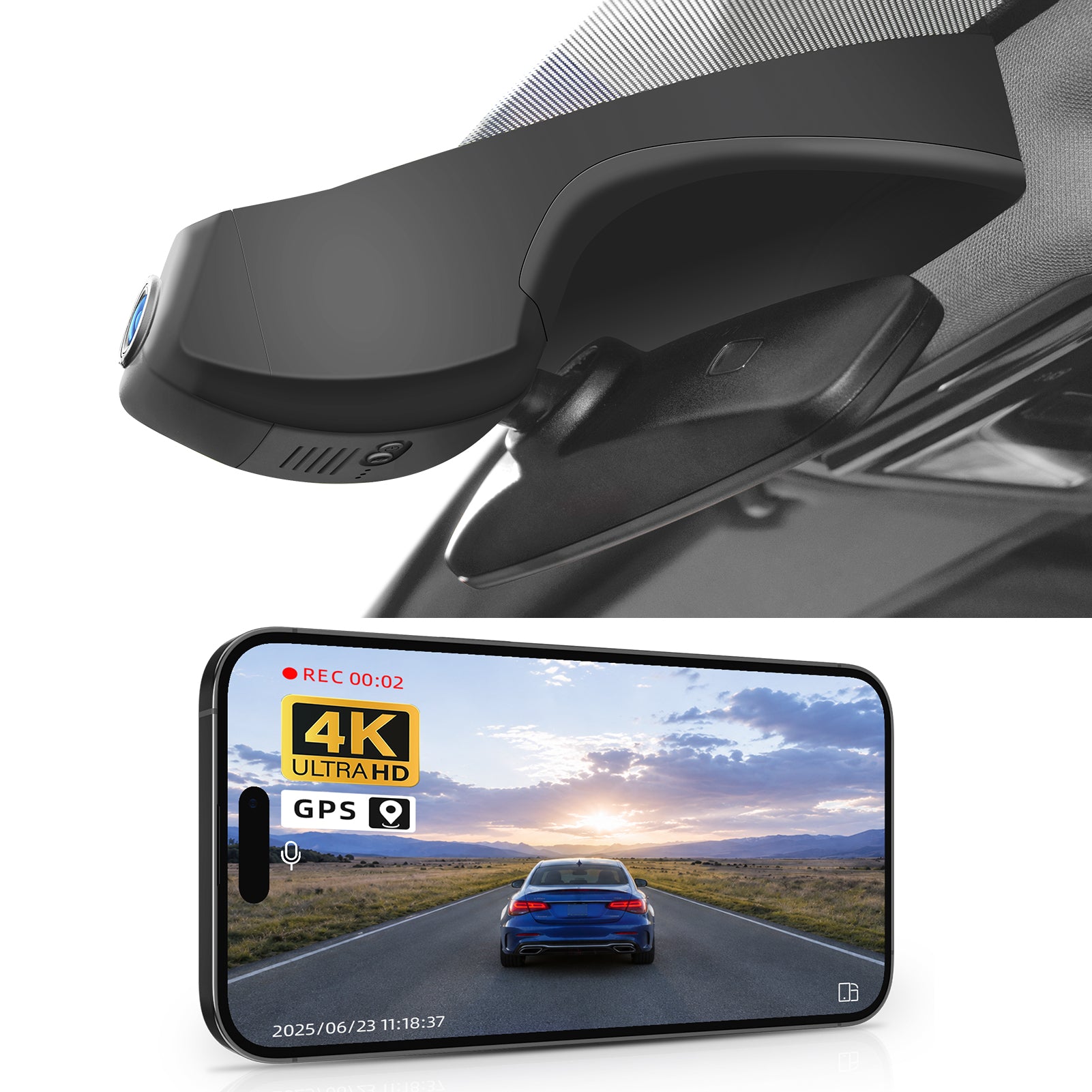 Mangoal rearview mirror built-in dash cam with smartphone app control, 4K Ultra HD recording, GPS tracking, and Volkswagen ID.4 models in the background.