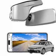 Mangoal rearview mirror built-in dash cam with smartphone app control, 4K Ultra HD recording, GPS tracking, and Volkswagen Polo models in the background.