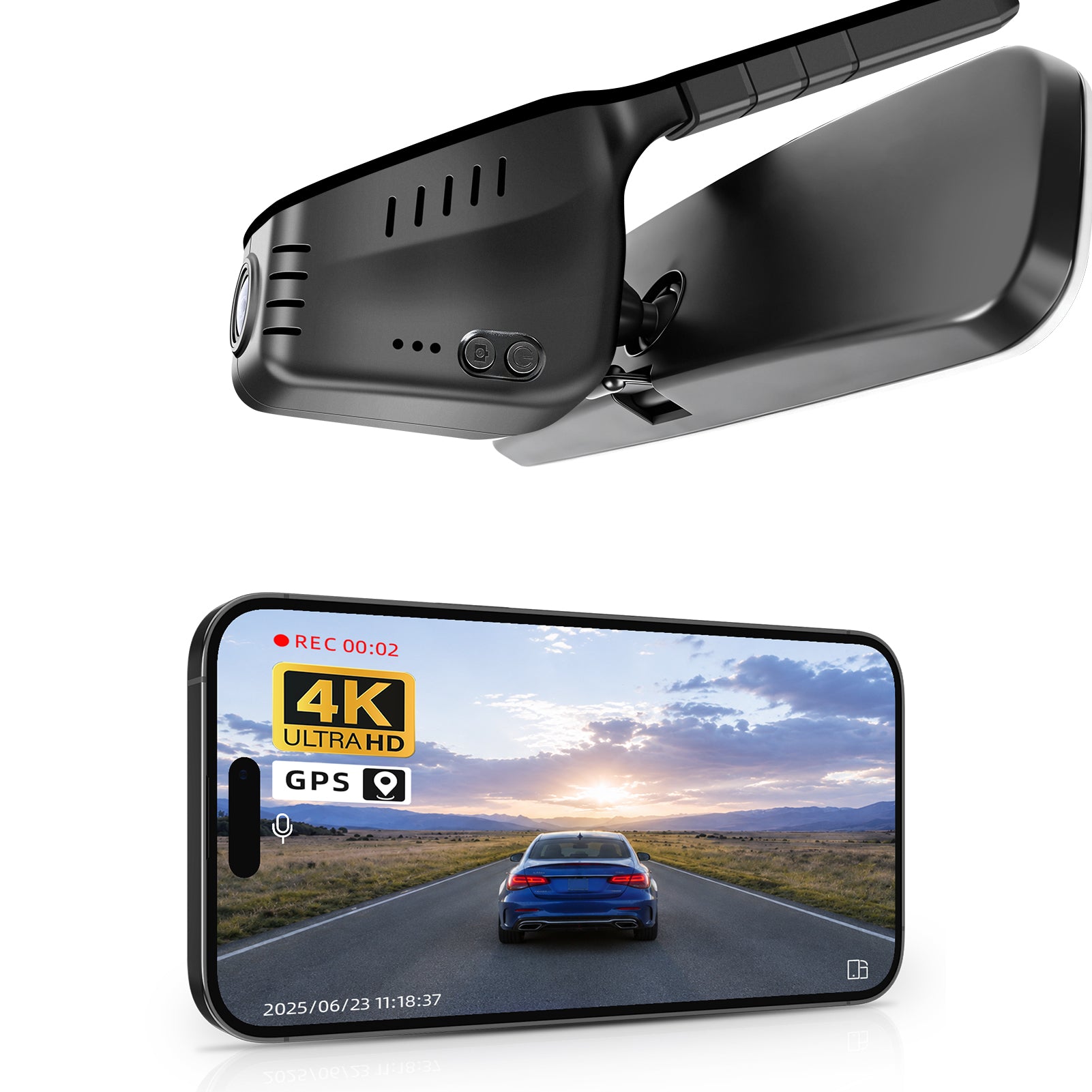 Mangoal rearview mirror built-in dash cam with smartphone app control, 4K Ultra HD recording, GPS tracking, and Volkswagen Series models in the background.