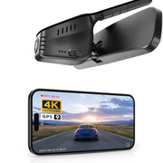 Mangoal rearview mirror built-in dash cam with smartphone app control, 4K Ultra HD recording, GPS tracking, and Volkswagen Series models in the background.