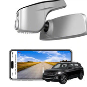 Mangoal rearview mirror built-in dash cam with smartphone app control, 4K Ultra HD recording, GPS tracking, and Volkswagen T-Cross models in the background.