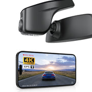 Mangoal rearview mirror built-in dash cam with smartphone app control, 4K Ultra HD recording, GPS tracking, and Volkswagen Taos models in the background.
