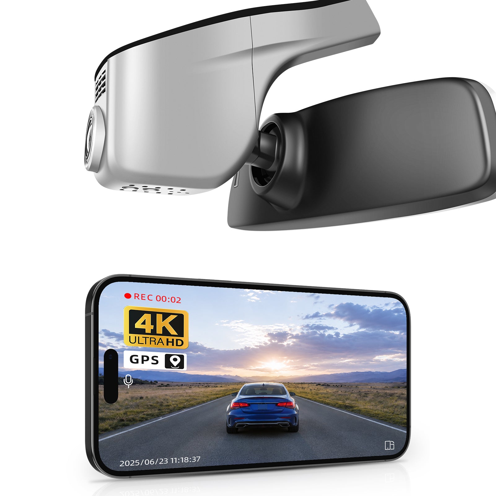 Mangoal rearview mirror built-in dash cam with smartphone app control, 4K Ultra HD recording, GPS tracking, and Volkswagen Taos models in the background.