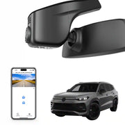 Mangoal rearview mirror built-in dash cam with smartphone app control, 4K Ultra HD recording, GPS tracking, and Volkswagen Tayron models in the background.