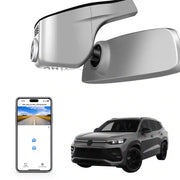 Mangoal rearview mirror built-in dash cam with smartphone app control, 4K Ultra HD recording, GPS tracking, and Volkswagen Tayron models in the background.