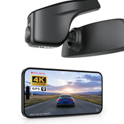 Mangoal rearview mirror built-in dash cam with smartphone app control, 4K Ultra HD recording, GPS tracking, and Volkswagen Tiguan models in the background.