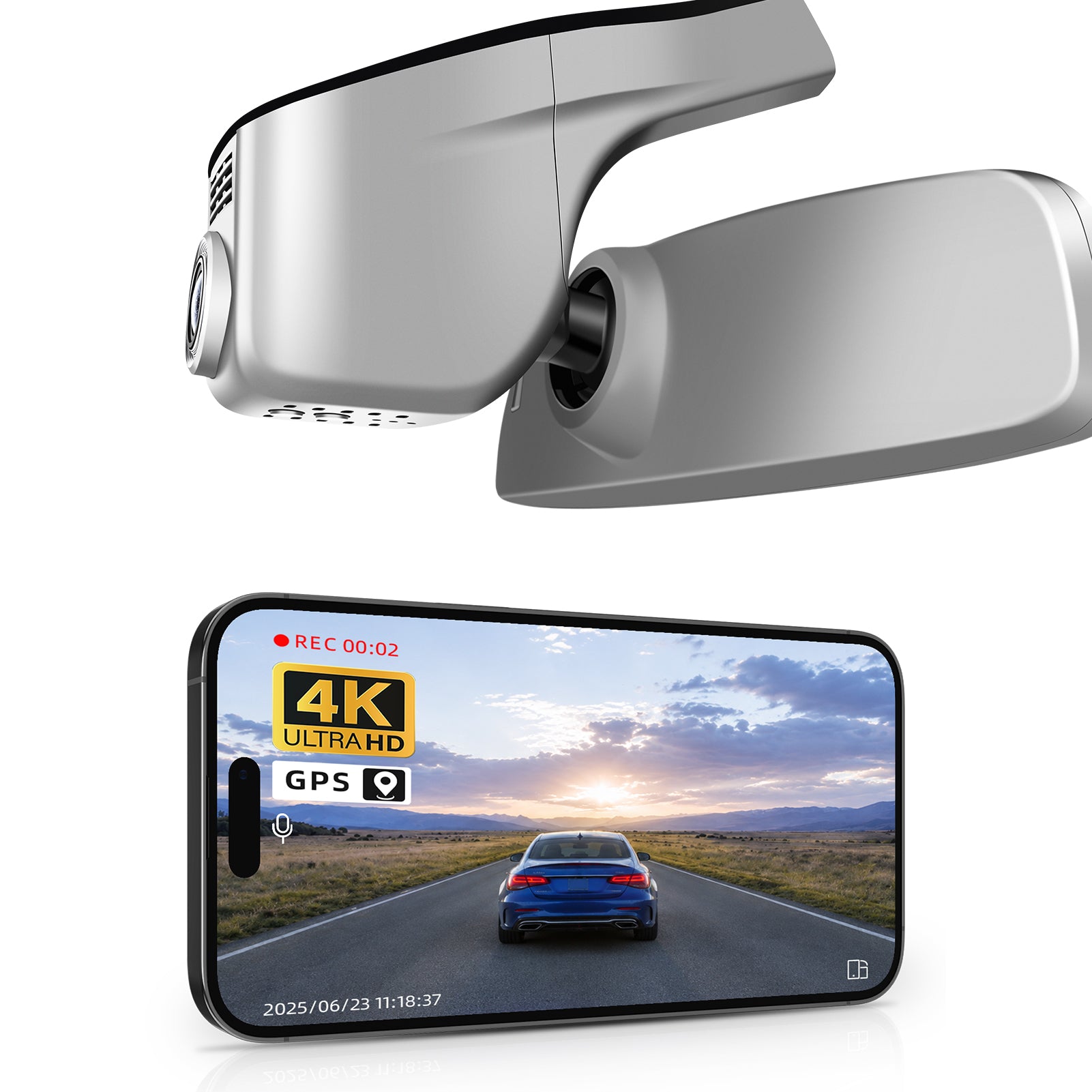 Mangoal rearview mirror built-in dash cam with smartphone app control, 4K Ultra HD recording, GPS tracking, and Volkswagen Tiguan models in the background.