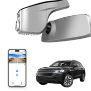 Mangoal rearview mirror built-in dash cam with smartphone app control, 4K Ultra HD recording, GPS tracking, and Volkswagen Touareg models in the background.