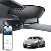 Mangoal rearview mirror built-in dash cam with smartphone app control, 4K Ultra HD recording, GPS tracking, and Volvo Polestar 2 models in the background.