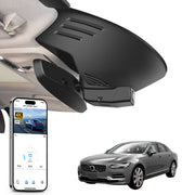 Mangoal rearview mirror built-in dash cam with smartphone app control, 4K Ultra HD recording, GPS tracking, and Volvo S90 V90 models in the background.